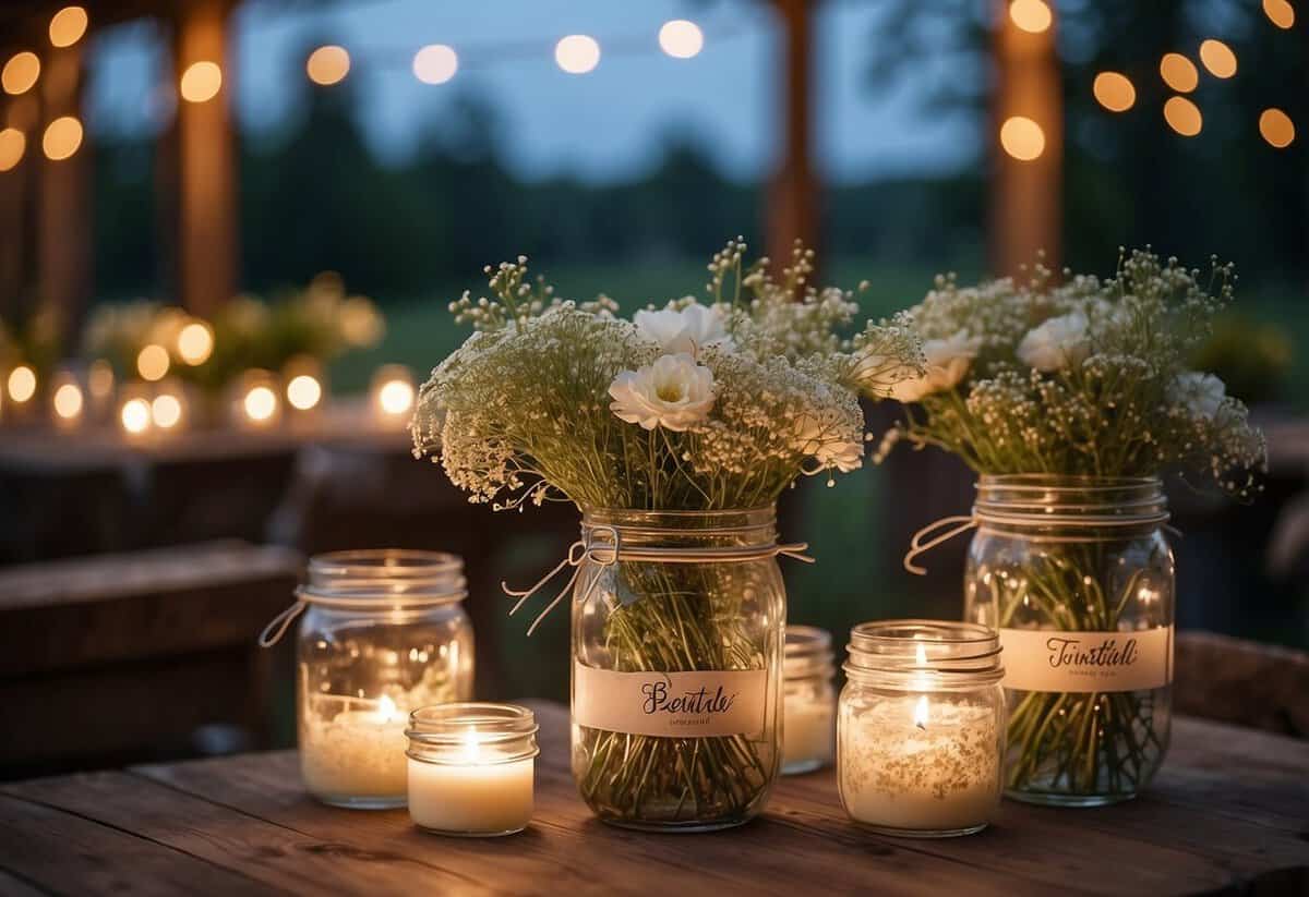 A rustic table adorned with mason jar centerpieces, filled with wildflowers and twinkling fairy lights, creating a warm and inviting atmosphere for a DIY wedding