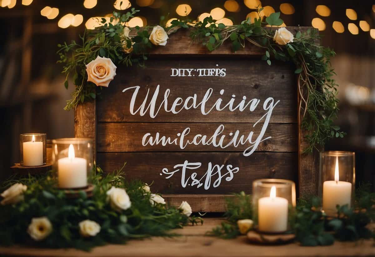 A rustic wooden sign with "DIY Wedding Tips" hand-painted in elegant script, surrounded by delicate floral arrangements and twinkling fairy lights