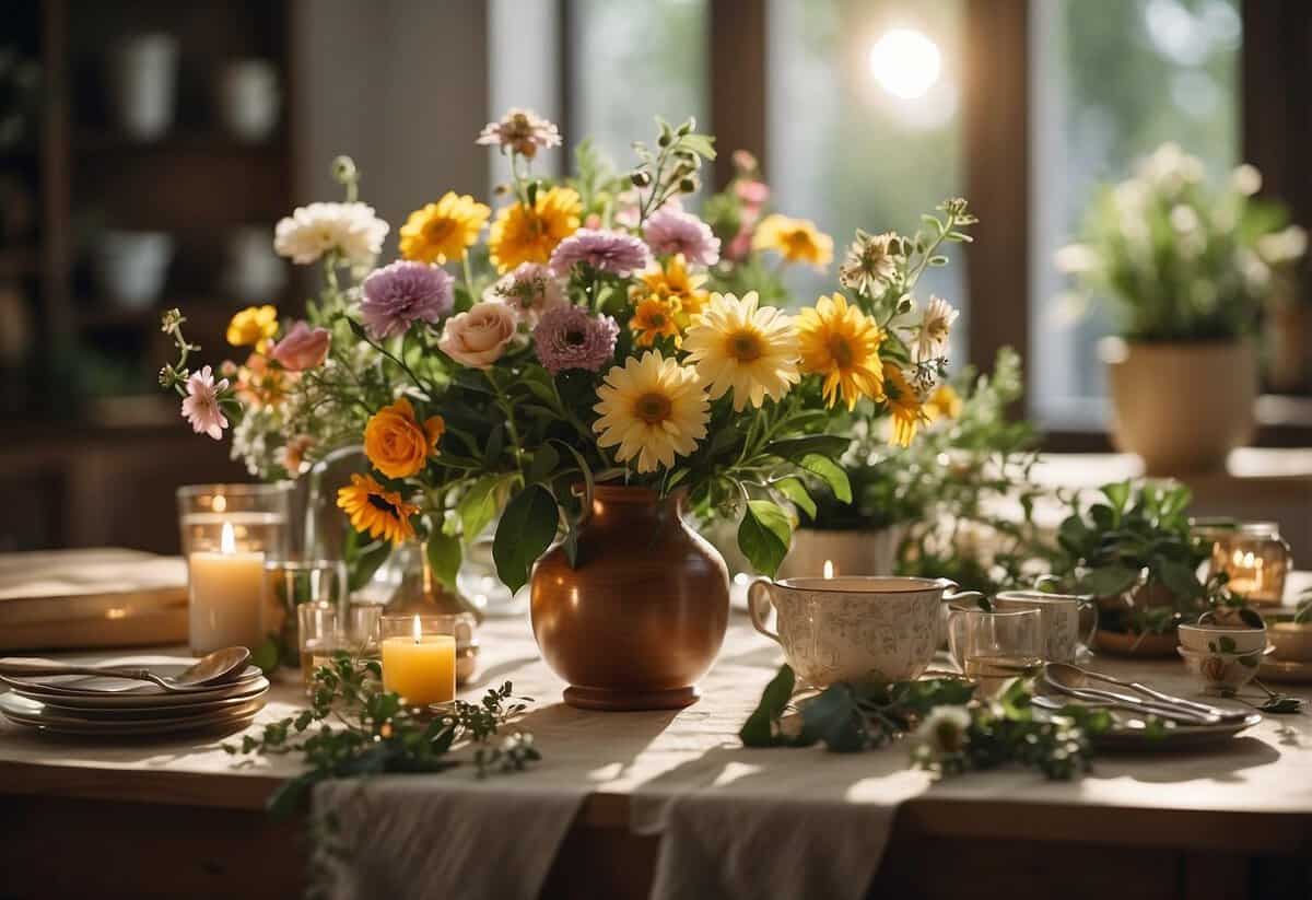 A table with assorted flowers, vases, and greenery. Tools like scissors and floral tape are scattered around. Bright natural light illuminates the scene