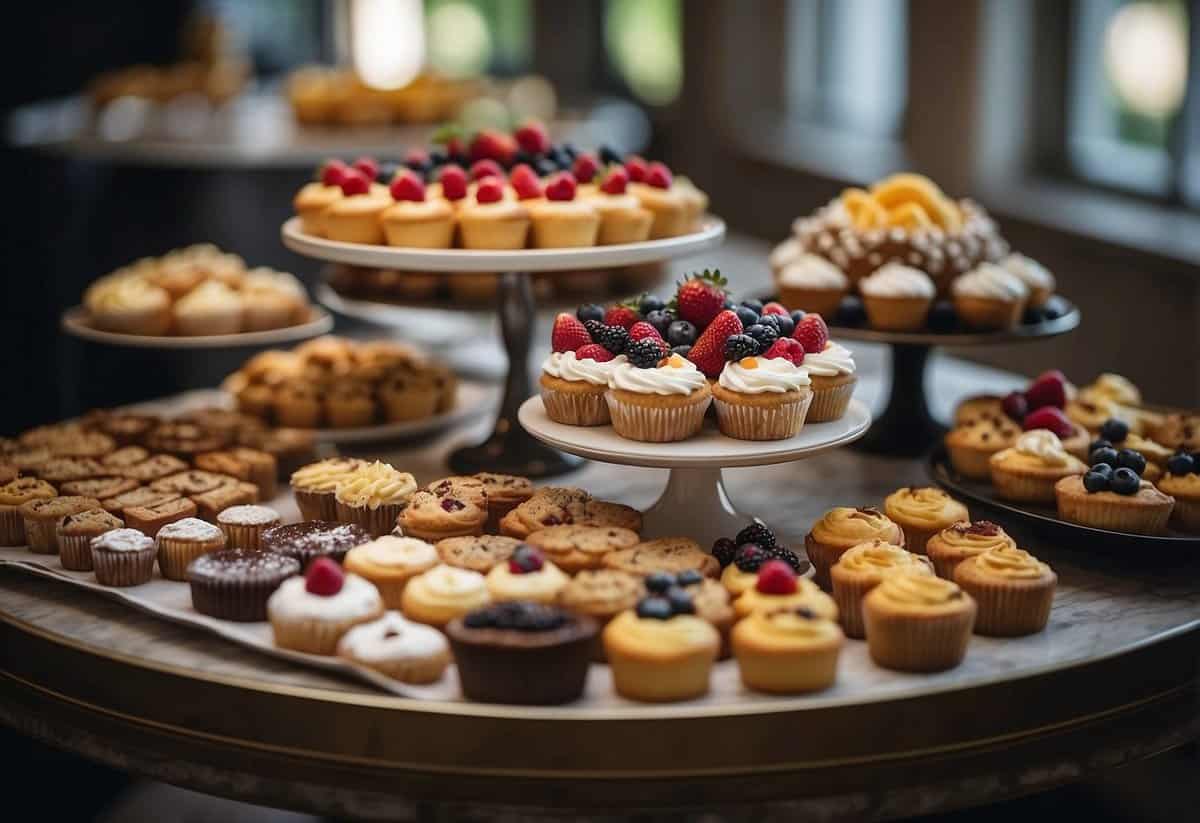 A table is adorned with an array of homemade desserts, from mini cupcakes to fruit tarts, displayed on elegant cake stands and vintage platters