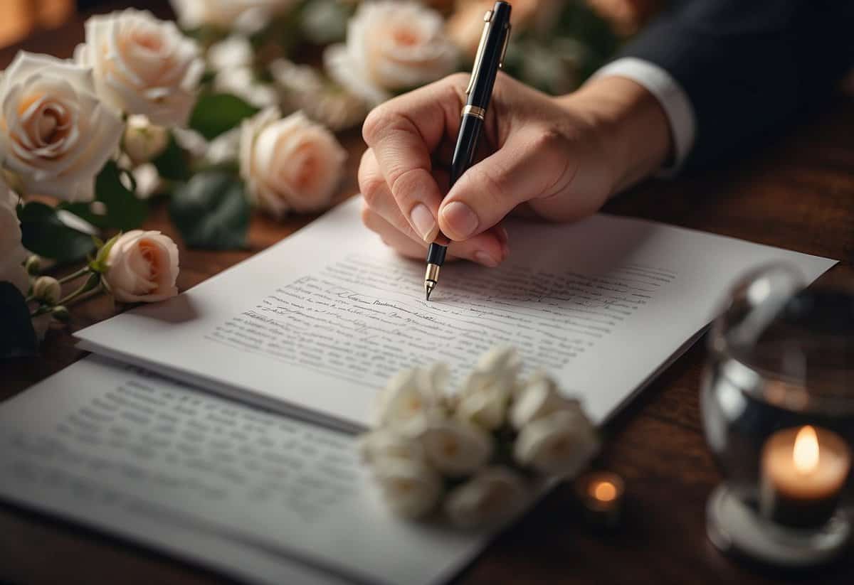 A hand holding a pen, writing vows on a piece of paper with decorative elements and flowers in the background