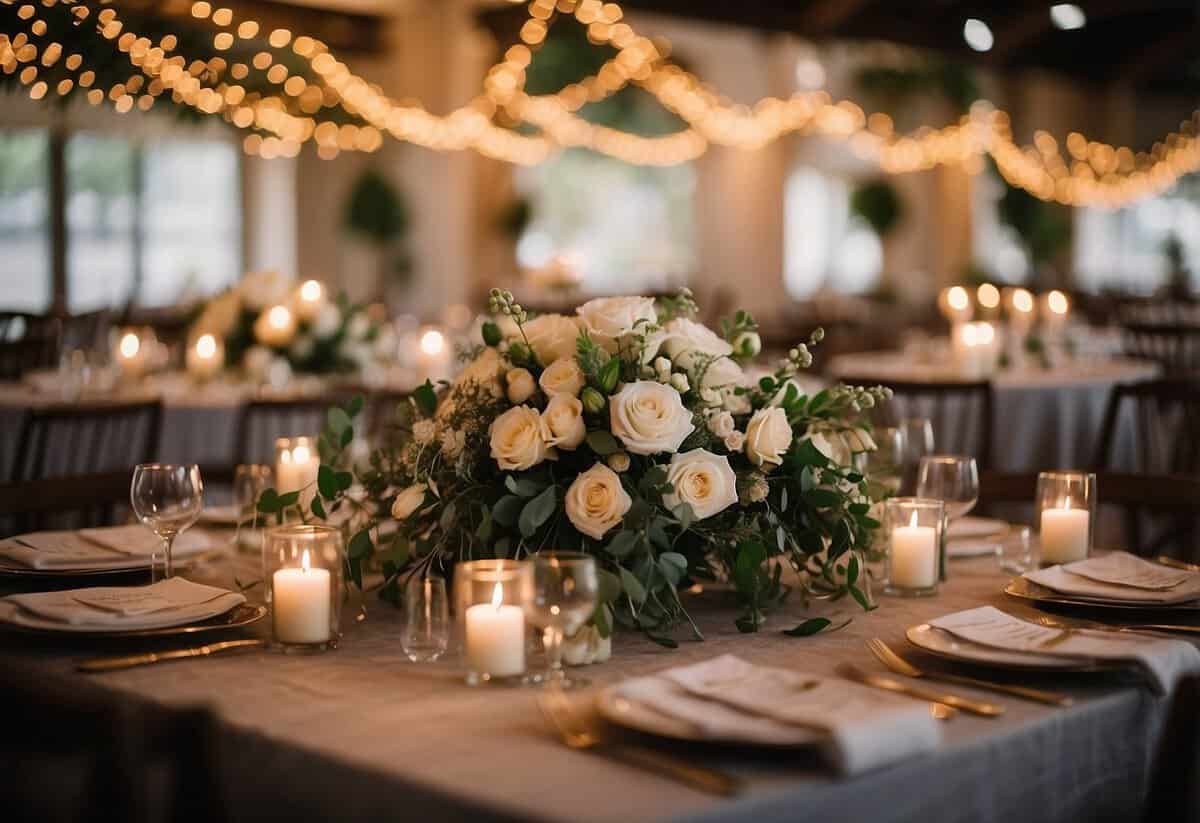 A table is adorned with handmade centerpieces, string lights, and personalized signage. A backdrop of draped fabric and floral arrangements completes the romantic DIY wedding decor