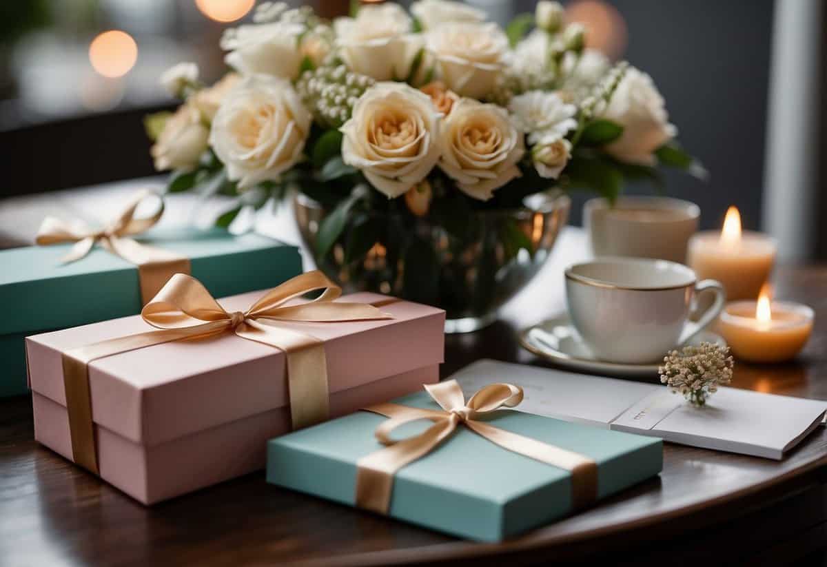 A table adorned with elegant gift boxes, flowers, and a card
