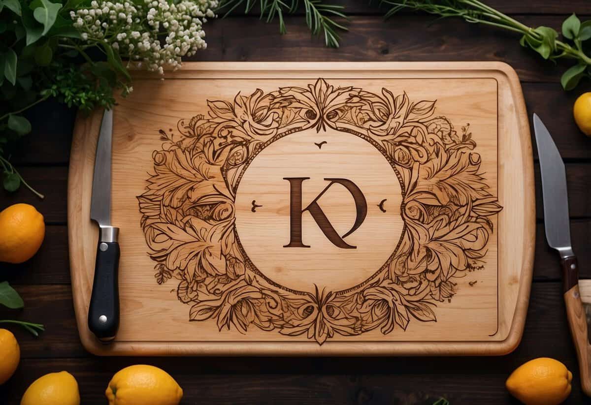 A couple's initials and wedding date are elegantly engraved on a wooden cutting board, surrounded by intricate floral designs