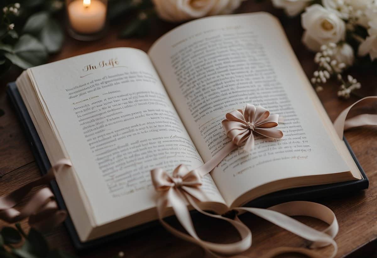 A custom wedding vows book sits open on a table, with elegant calligraphy and delicate illustrations adorning the pages. A ribbon bookmark dangles from the side, adding a touch of romance