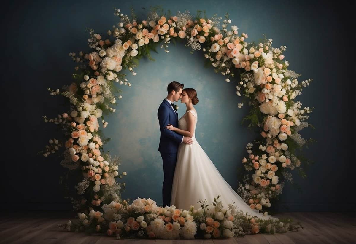 A hand-painted wedding portrait hangs on a wall, surrounded by delicate floral decor and soft lighting