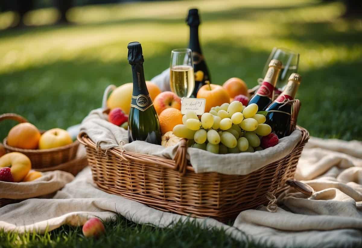 A picnic basket filled with champagne, gourmet cheeses, and fresh fruits sits on a lush green lawn, adorned with elegant ribbon and a personalized tag