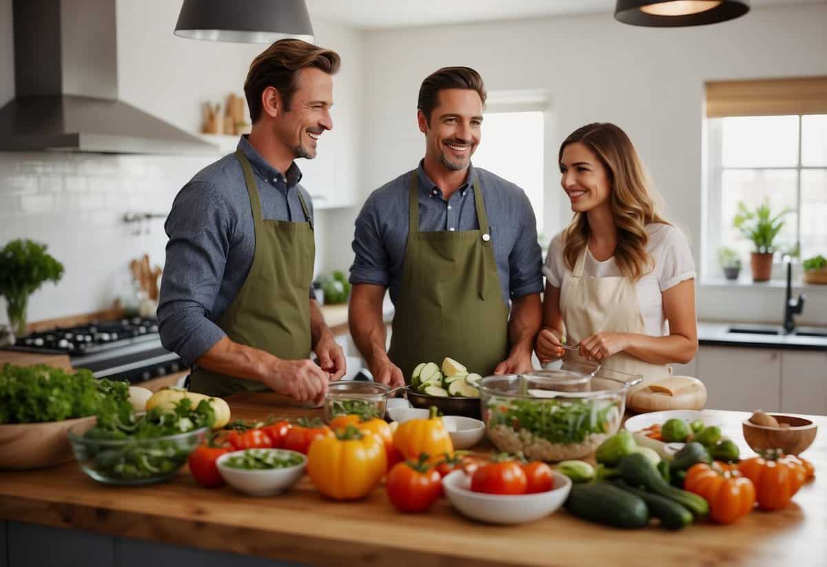 A couple stands side by side in a bright, modern kitchen, surrounded by pots, pans, and fresh ingredients. They are both smiling as they work together to create a delicious meal, with a voucher for a cooking class displayed prominently on the counter