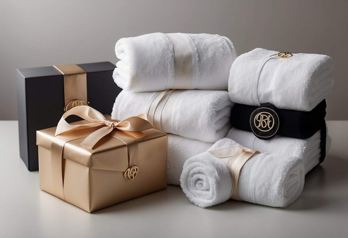 A luxurious towel set with monogrammed initials displayed on a pristine white background, surrounded by elegant wedding gift packaging