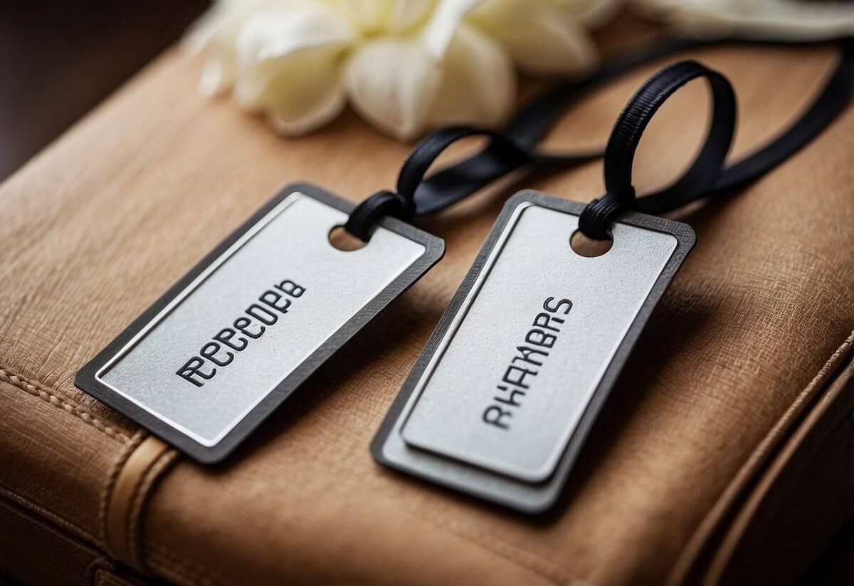 Two luggage tags, one with "His" and the other with "Hers", tied together with a ribbon. A wedding gift tip card is placed next to them