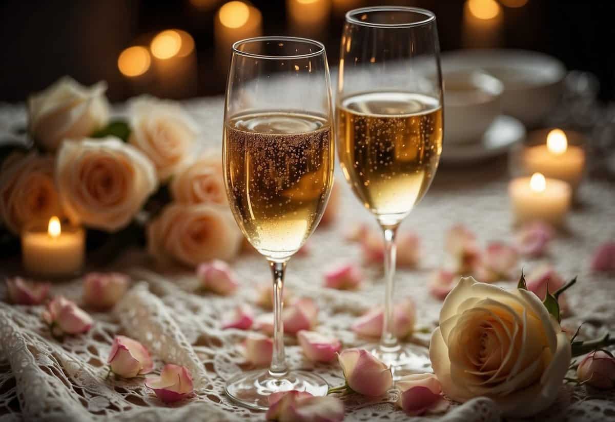 Two champagne flutes with engraved names sit on a lace tablecloth, surrounded by delicate rose petals and flickering candlelight