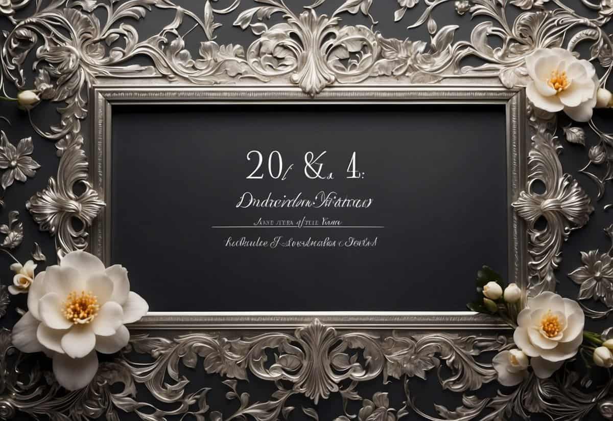 A couple's names engraved on a silver photo frame, surrounded by delicate floral patterns and wedding date inscribed at the bottom
