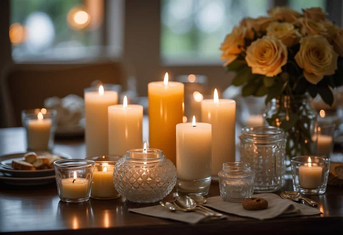 A table with various budget-friendly wedding gift items, such as candles, picture frames, and kitchen utensils, displayed in an organized and appealing manner