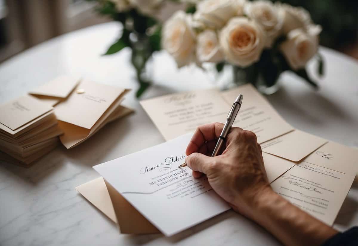 A hand holding a calligraphy pen addresses elegant wedding invitations on a clean, white table. A stack of envelopes and a list of names sit nearby for reference