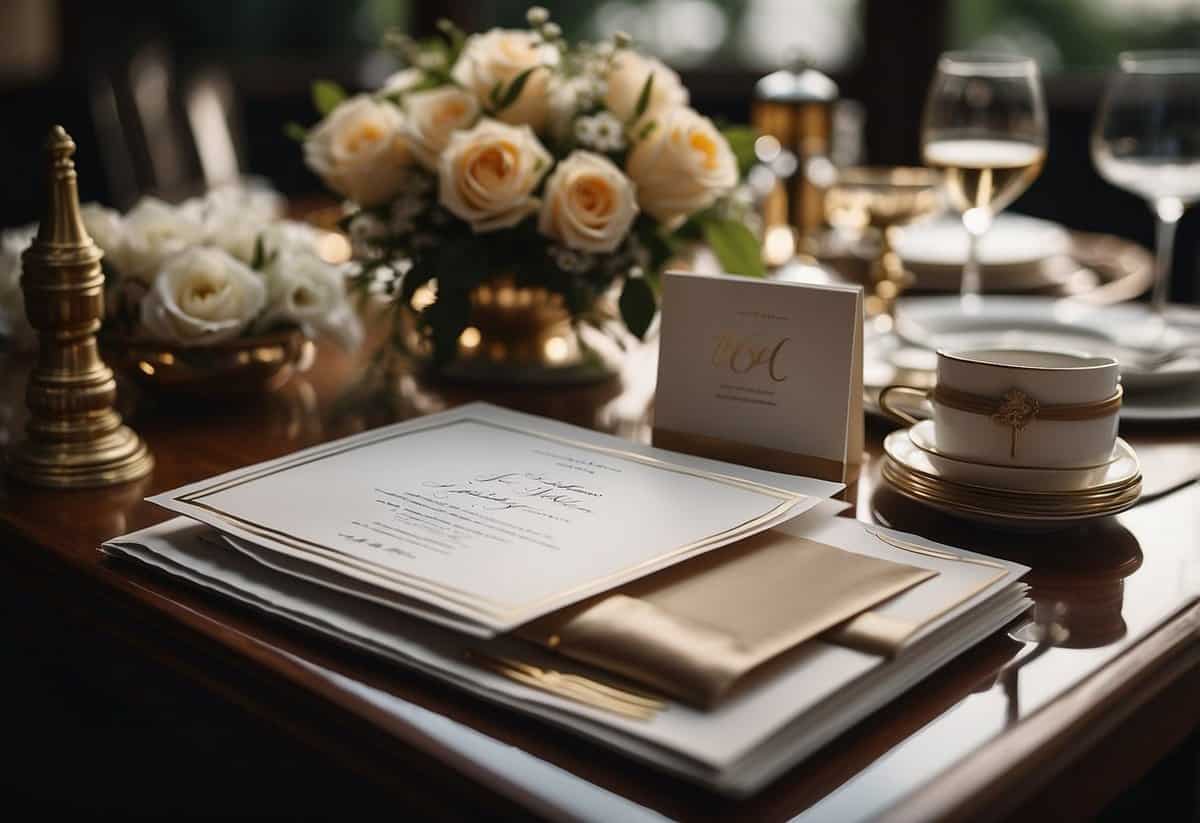 A table set with elegant stationery and calligraphy tools for addressing wedding invitations