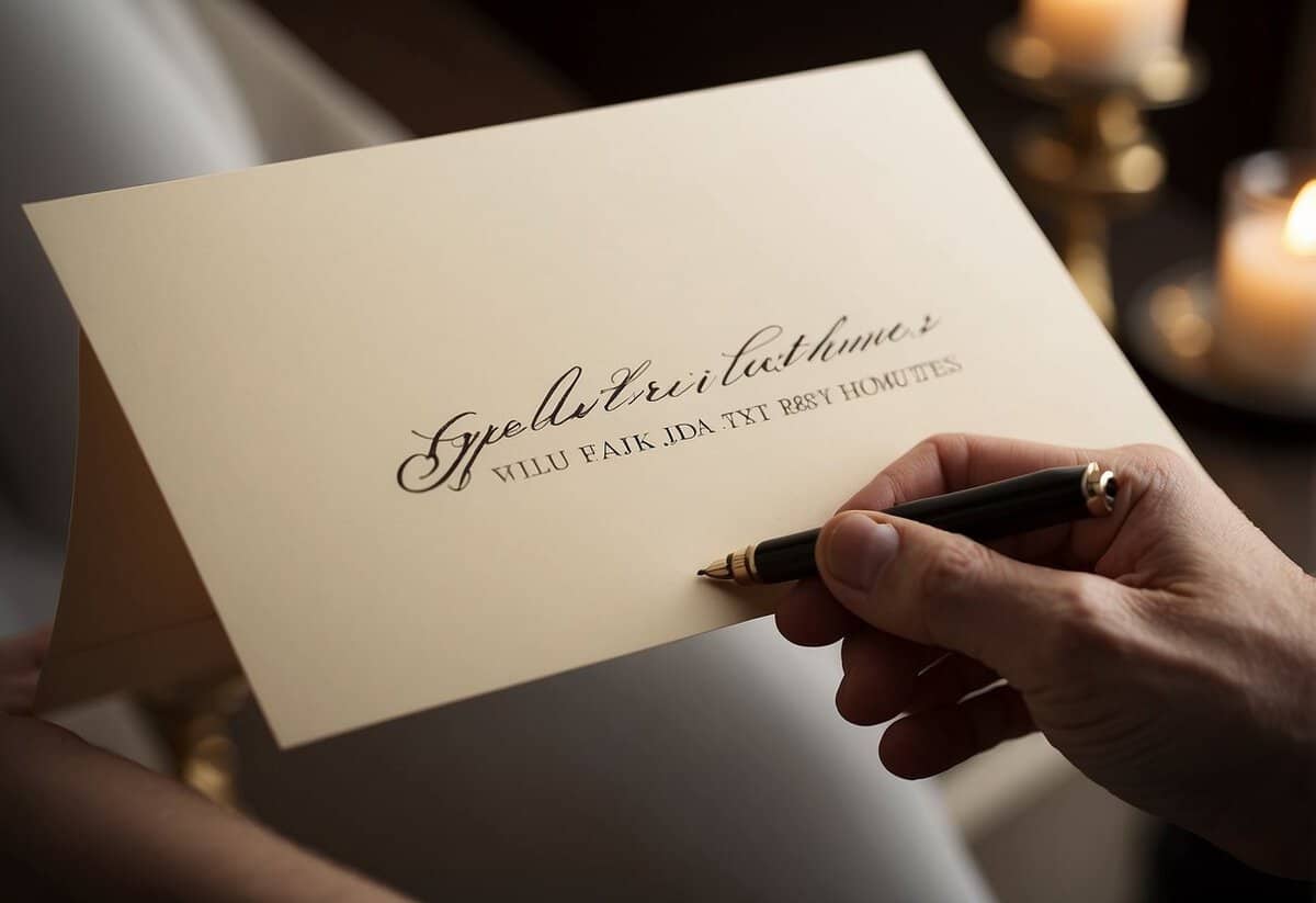 A hand holding a pen writes "Spell Out Street Names" on a wedding invitation envelope