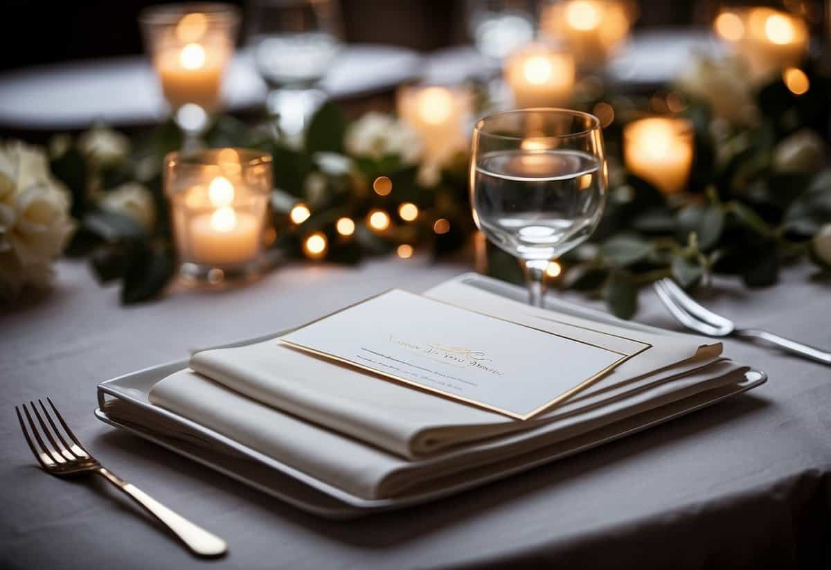 A table set with elegant stationery, a pen, and a list of guests' full names, including middle names, for addressing wedding invitations