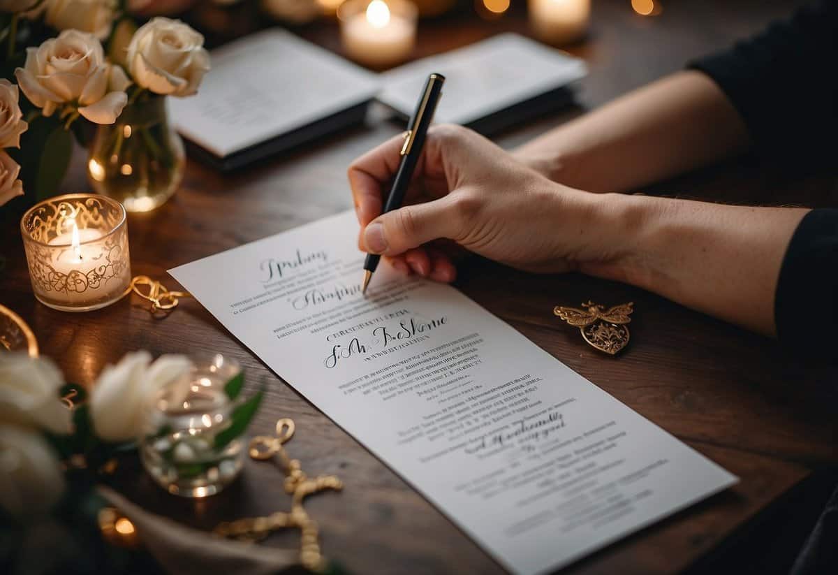 A calligrapher carefully writes out elegant wedding invitation wording, surrounded by various professional title options for addressing guests