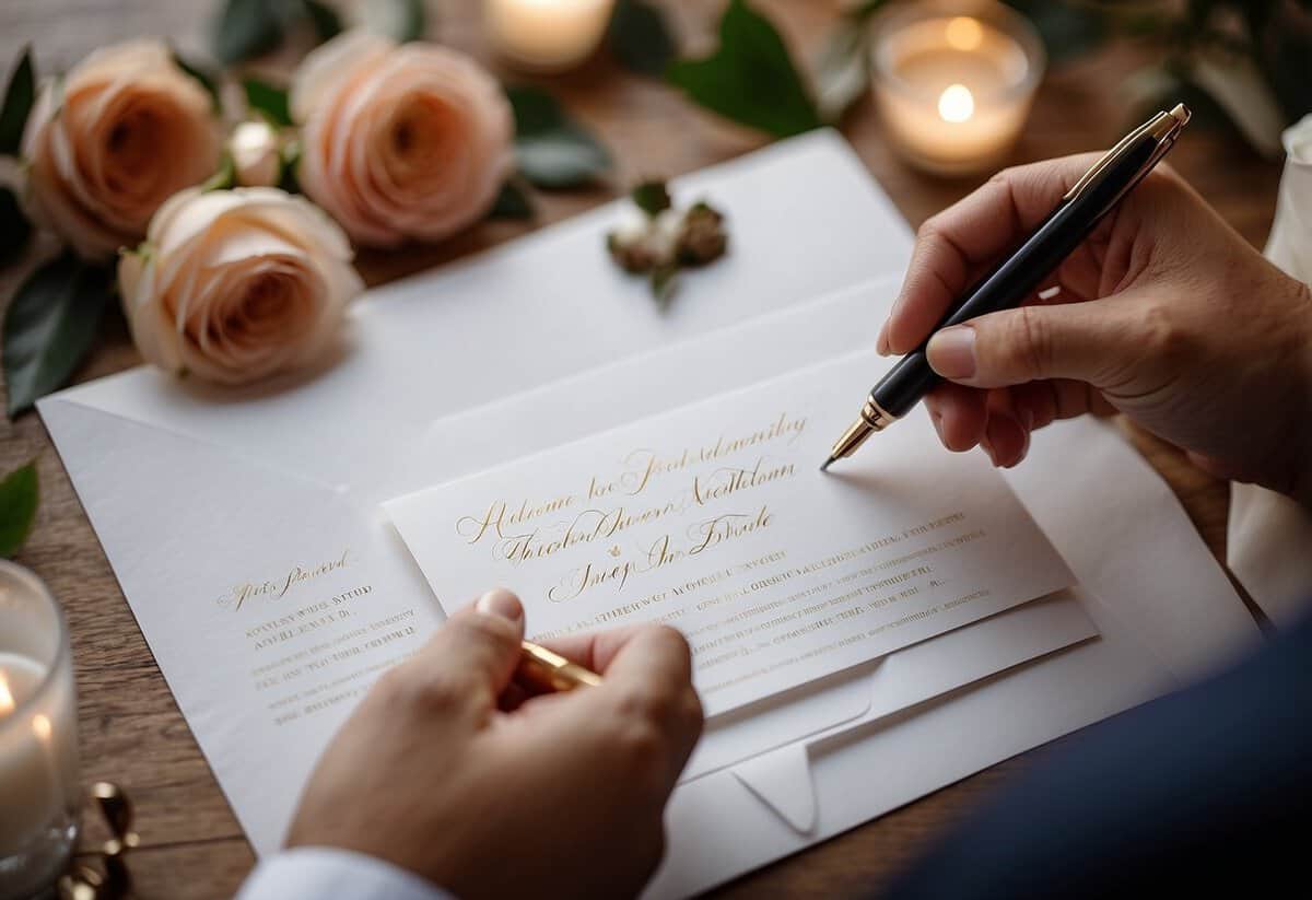 A hand holding a calligraphy pen addresses a wedding invitation with "Avoid Abbreviations" tips in elegant script on a clean, white envelope