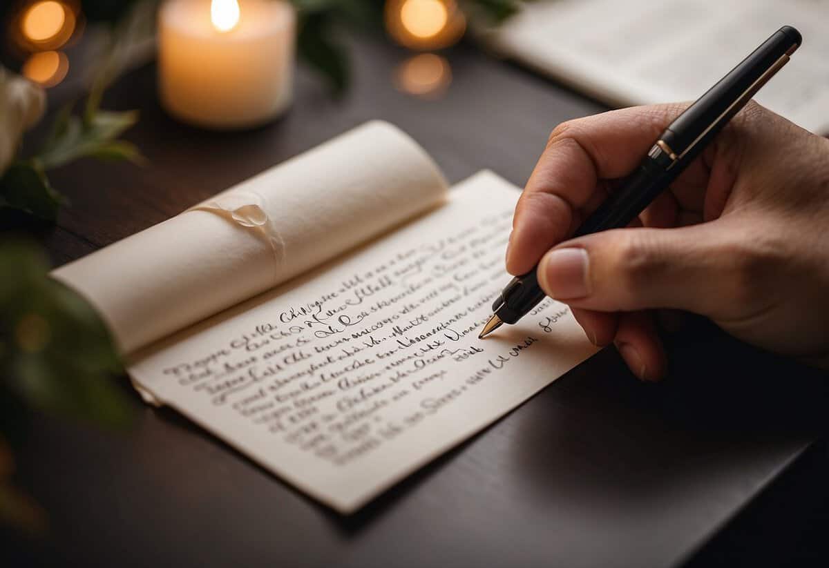 A hand holding a calligraphy pen, addressing elegant wedding invitations with a list of spelling tips nearby
