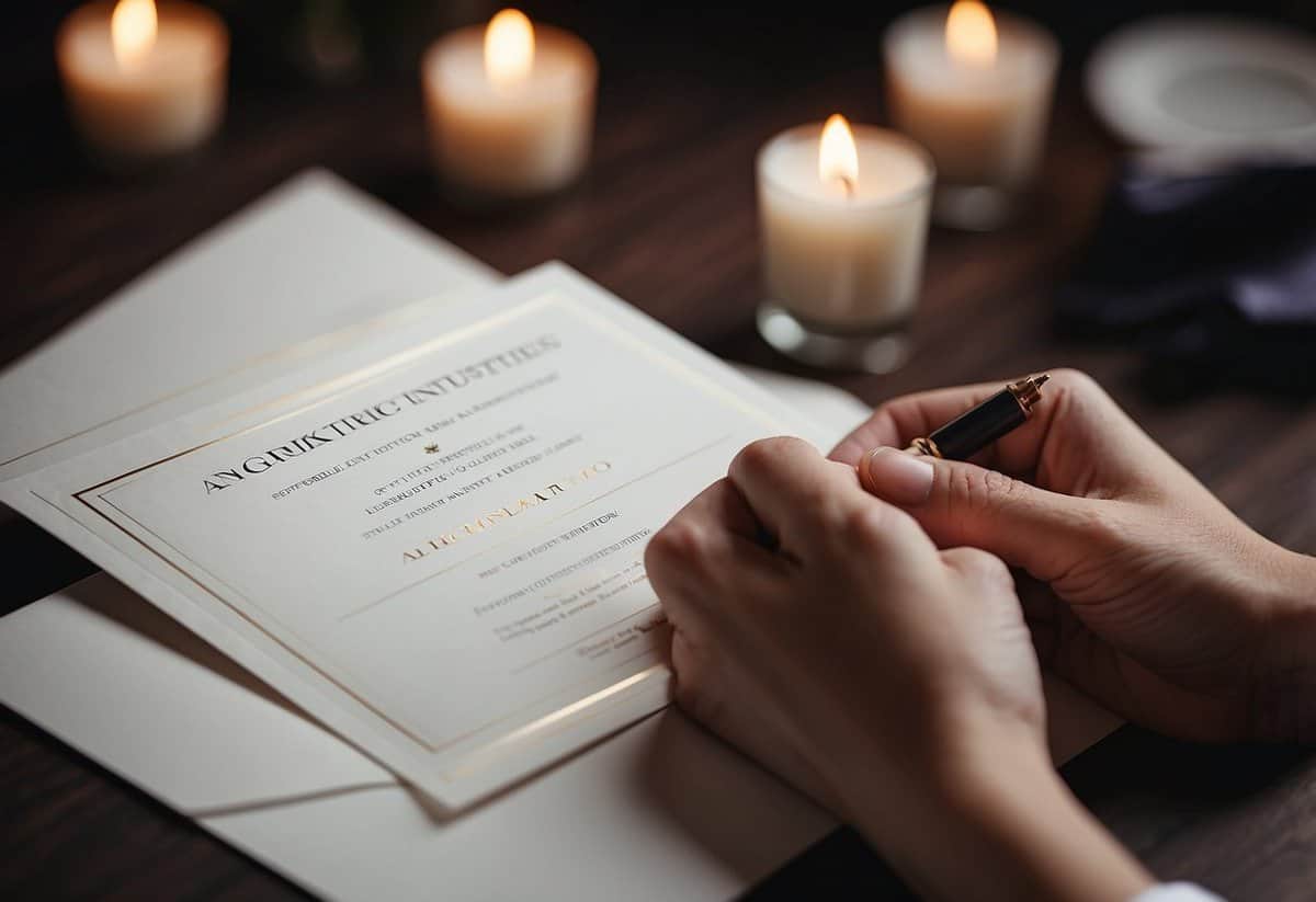 A hand holding a pen writes out wedding invitation addresses on elegant stationery
