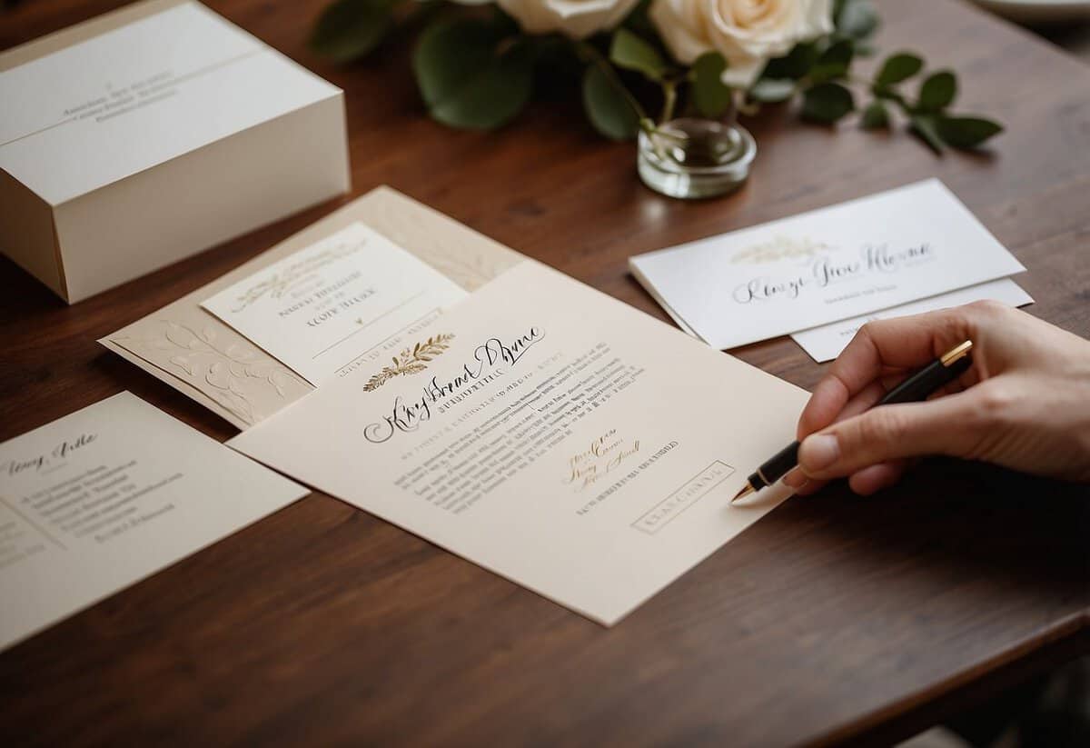 A hand addressing wedding invitations with a return address in the upper left corner, using calligraphy and a fountain pen
