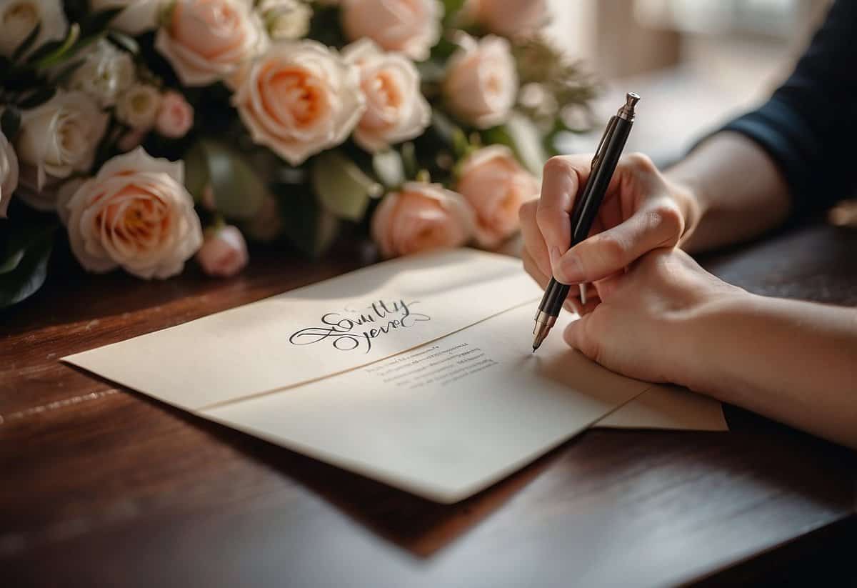 A hand holding a calligraphy pen writes on elegant paper with "Quality Paper" watermark, surrounded by envelopes and a bouquet of flowers