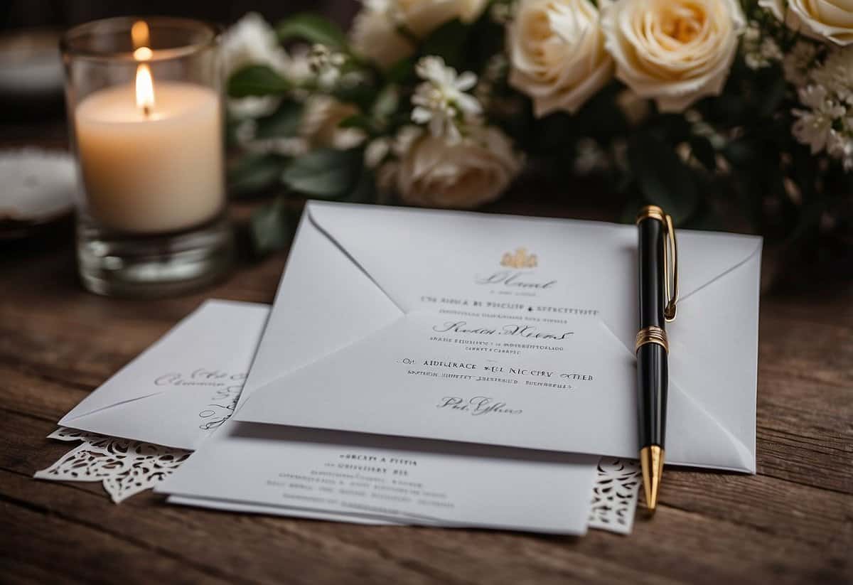 A table with wedding invitations, envelopes, and a calligraphy pen. A ruler and guidelines are used to address the envelopes neatly