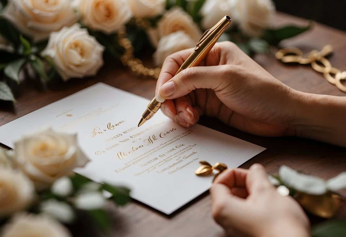 A hand holding a calligraphy pen writes on elegant wedding invitations laid out on a table, with delicate floral patterns and gold accents