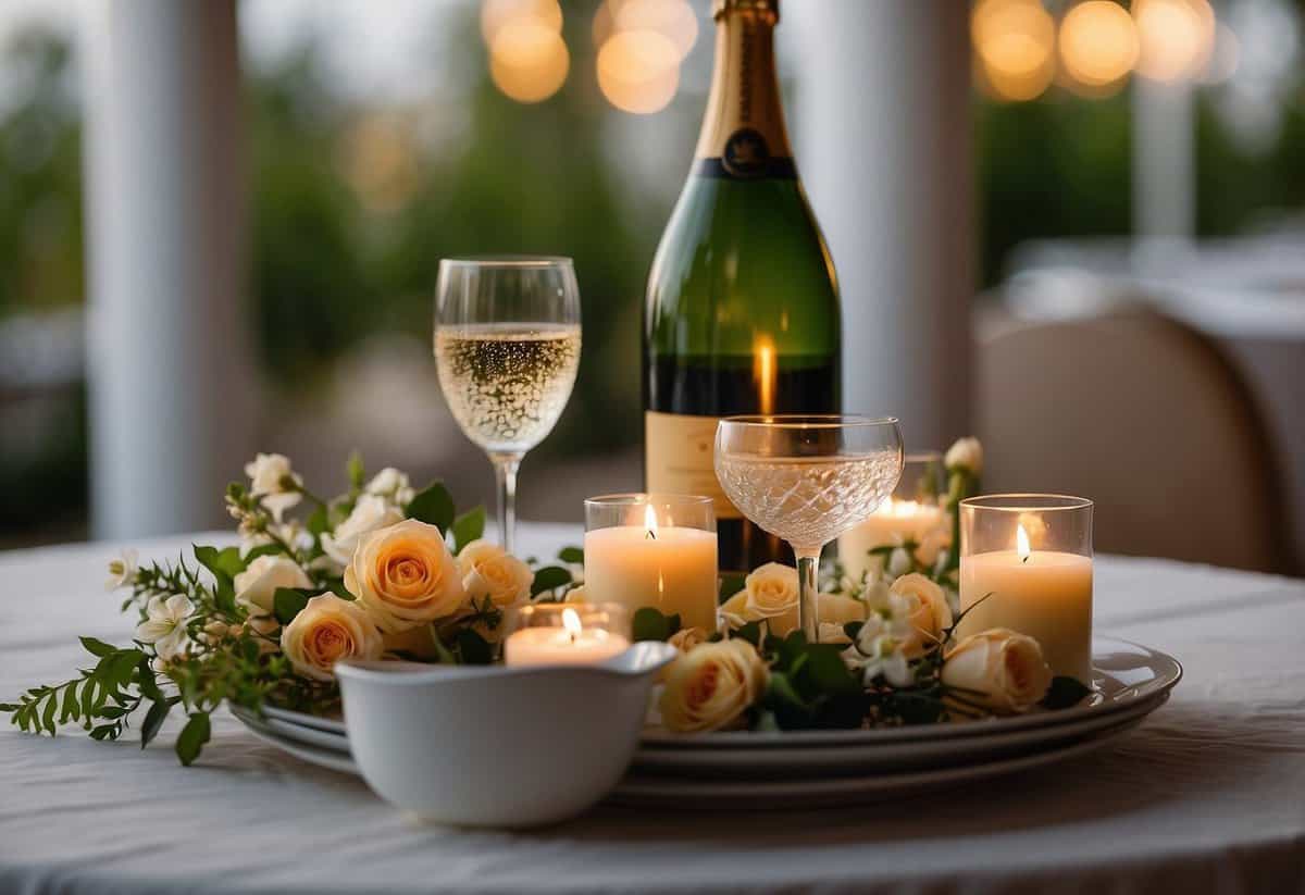 A beautifully set table with candles, flowers, and elegant dinnerware. A bottle of champagne chilling in an ice bucket. Soft lighting and romantic ambiance