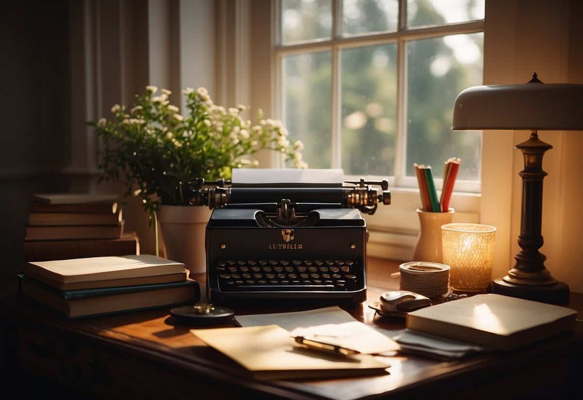 A cozy living room with a desk adorned with stationery, a pen, and a stack of love letters. Soft light filters in through the window, casting a warm glow on the scene