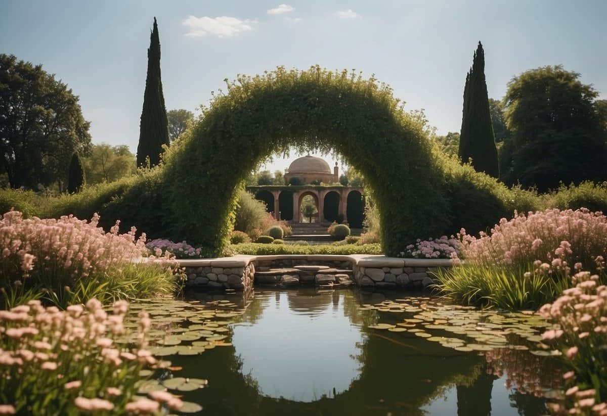 A picturesque wedding venue with blooming flowers, elegant archways, and a serene pond, perfect for a romantic anniversary celebration