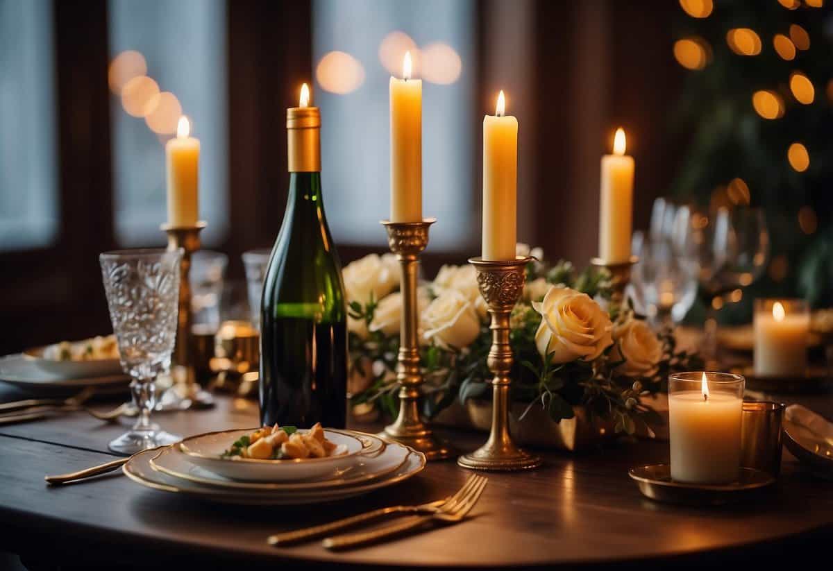 A table set with candles, a bouquet of flowers, and two plates of steaming food. A bottle of wine and two glasses sit nearby, ready for a romantic wedding anniversary dinner