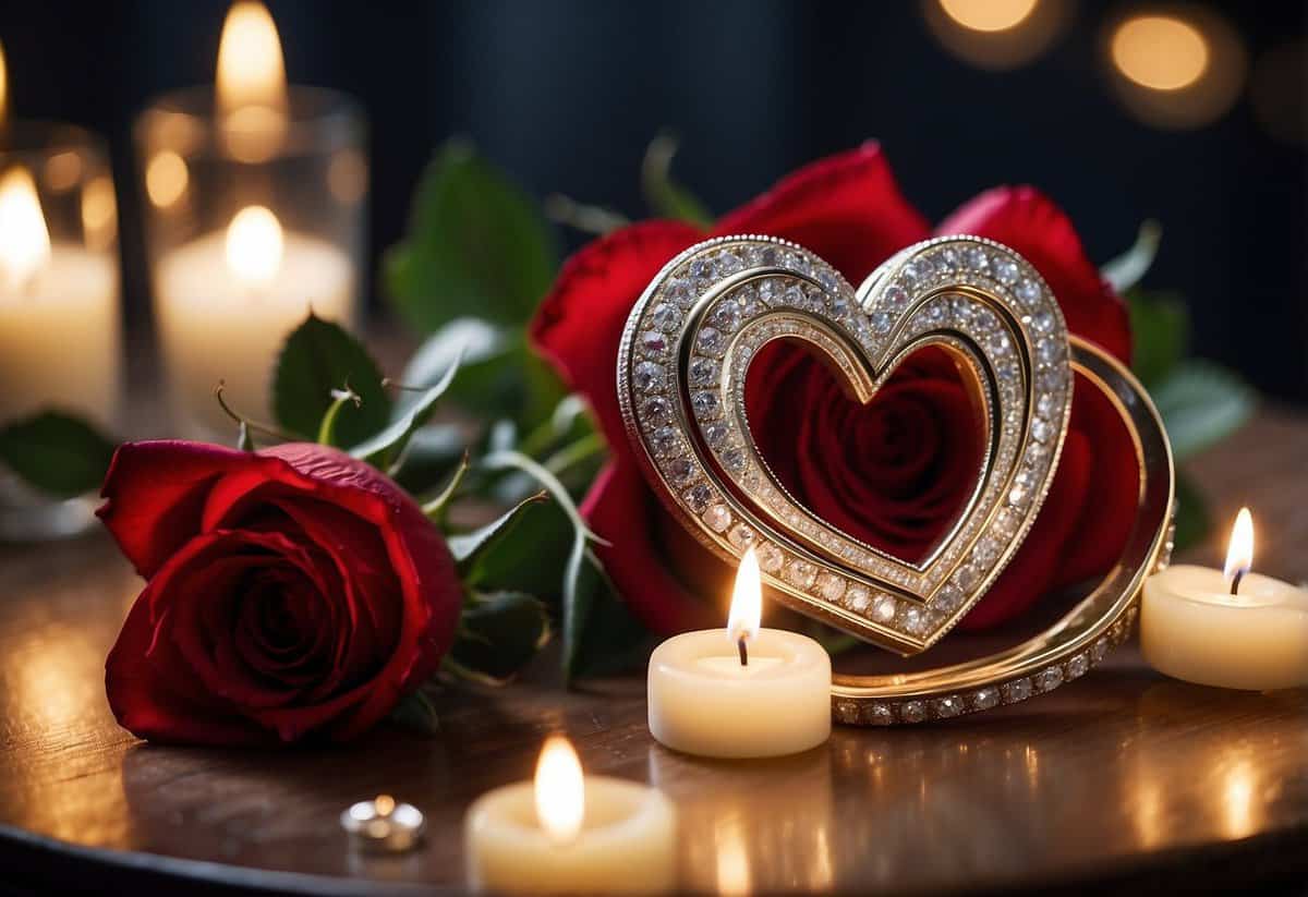 A heart-shaped bouquet of red roses and a sparkling diamond ring on a table, surrounded by soft candlelight and romantic music playing in the background