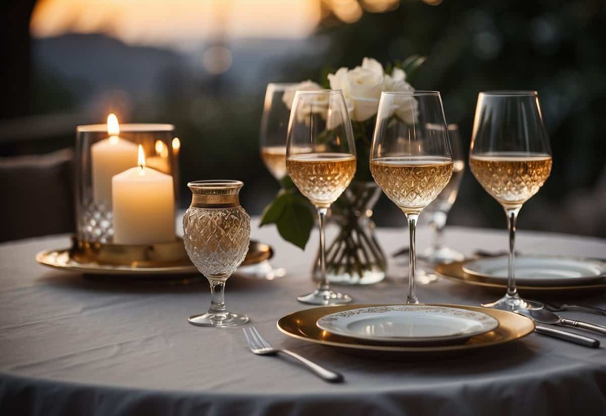 A beautifully set dining table with candles, flowers, and elegant tableware. A photo book and a handwritten note lie next to a vintage champagne bottle and two glasses