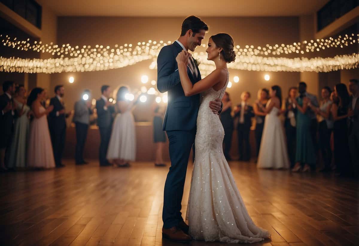 A couple dances to their wedding song, surrounded by twinkling lights and a romantic setting