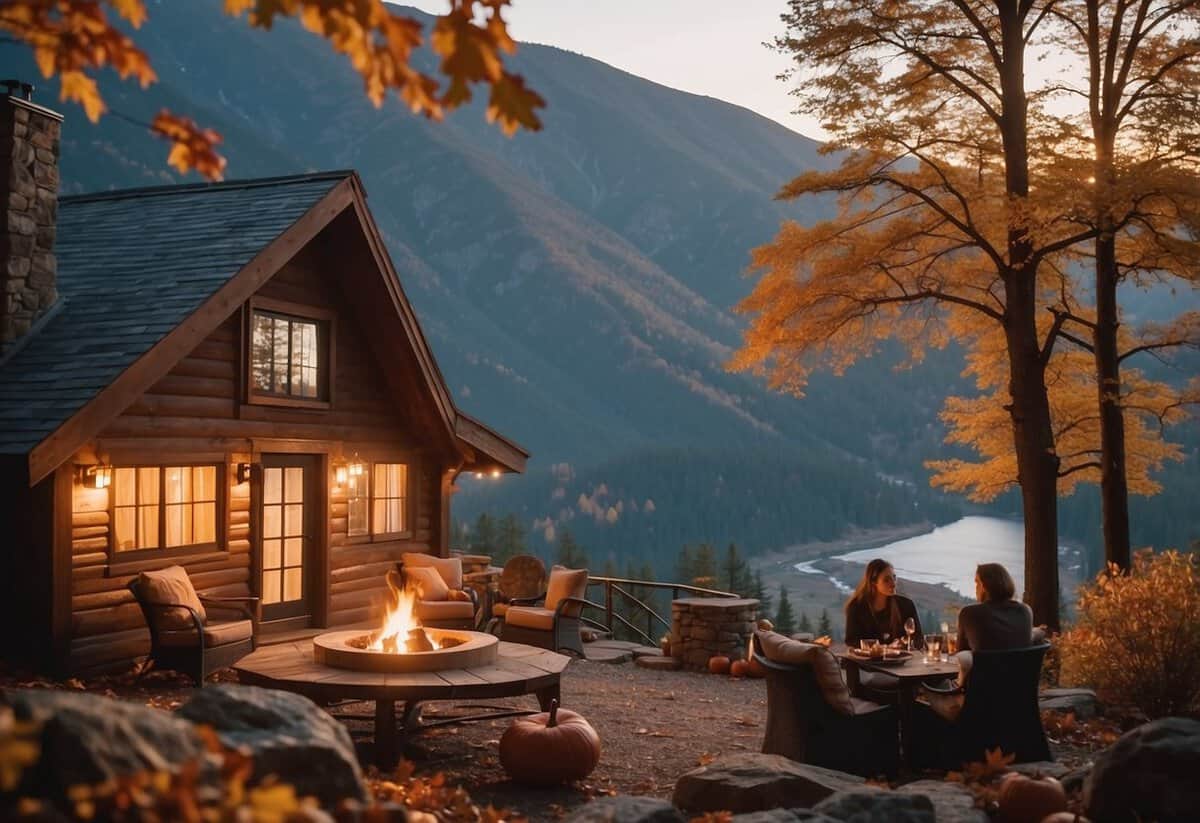 A cozy cabin nestled in the mountains, surrounded by colorful autumn foliage. A crackling fire warms the room as a couple enjoys a romantic dinner