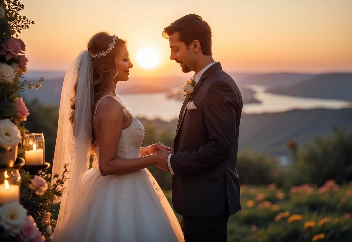 A couple standing facing each other, surrounded by flowers and candles, exchanging vows with a picturesque sunset in the background