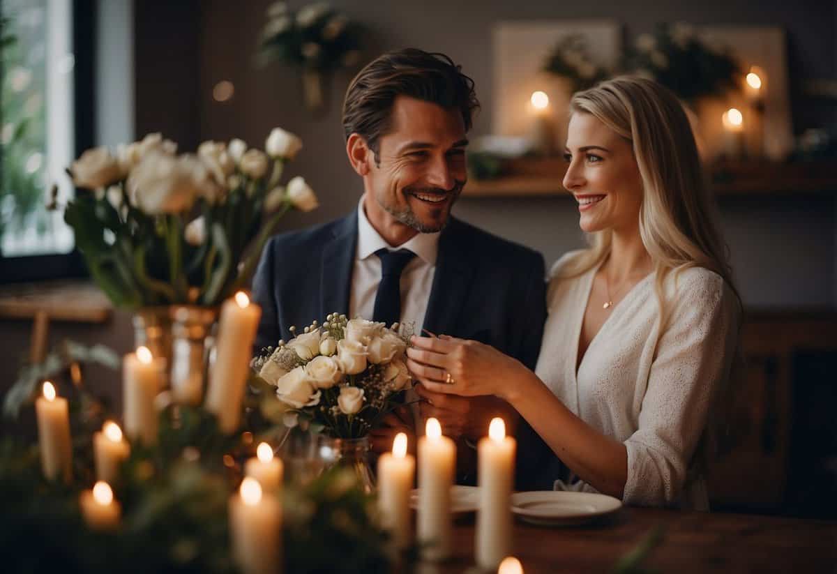 A couple exchanging thoughtful gifts, surrounded by flowers and candles, celebrating their wedding anniversary