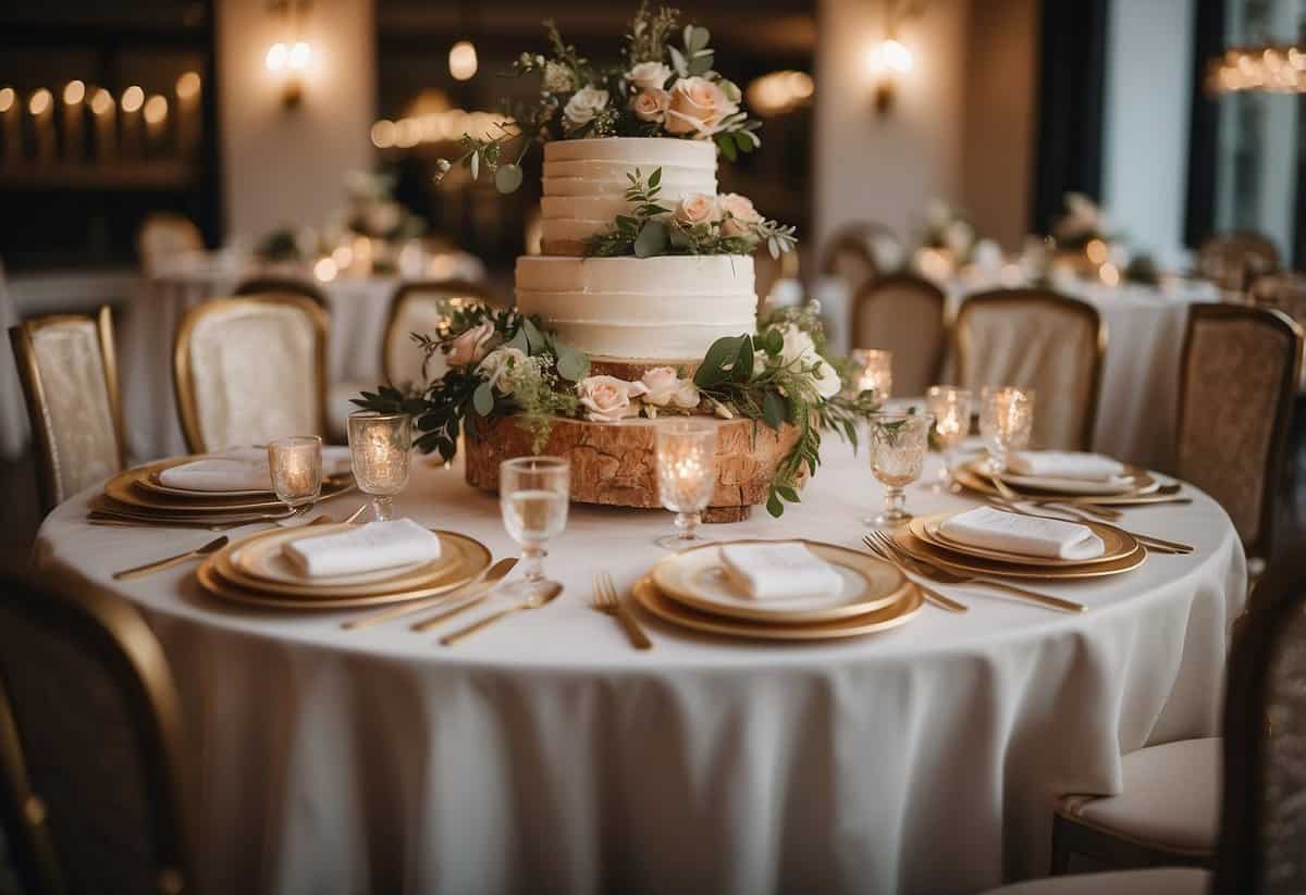 A beautifully decorated venue with elegant table settings, soft lighting, and a stunning cake display. Guests mingle and toast to the happy couple, creating a warm and joyful atmosphere