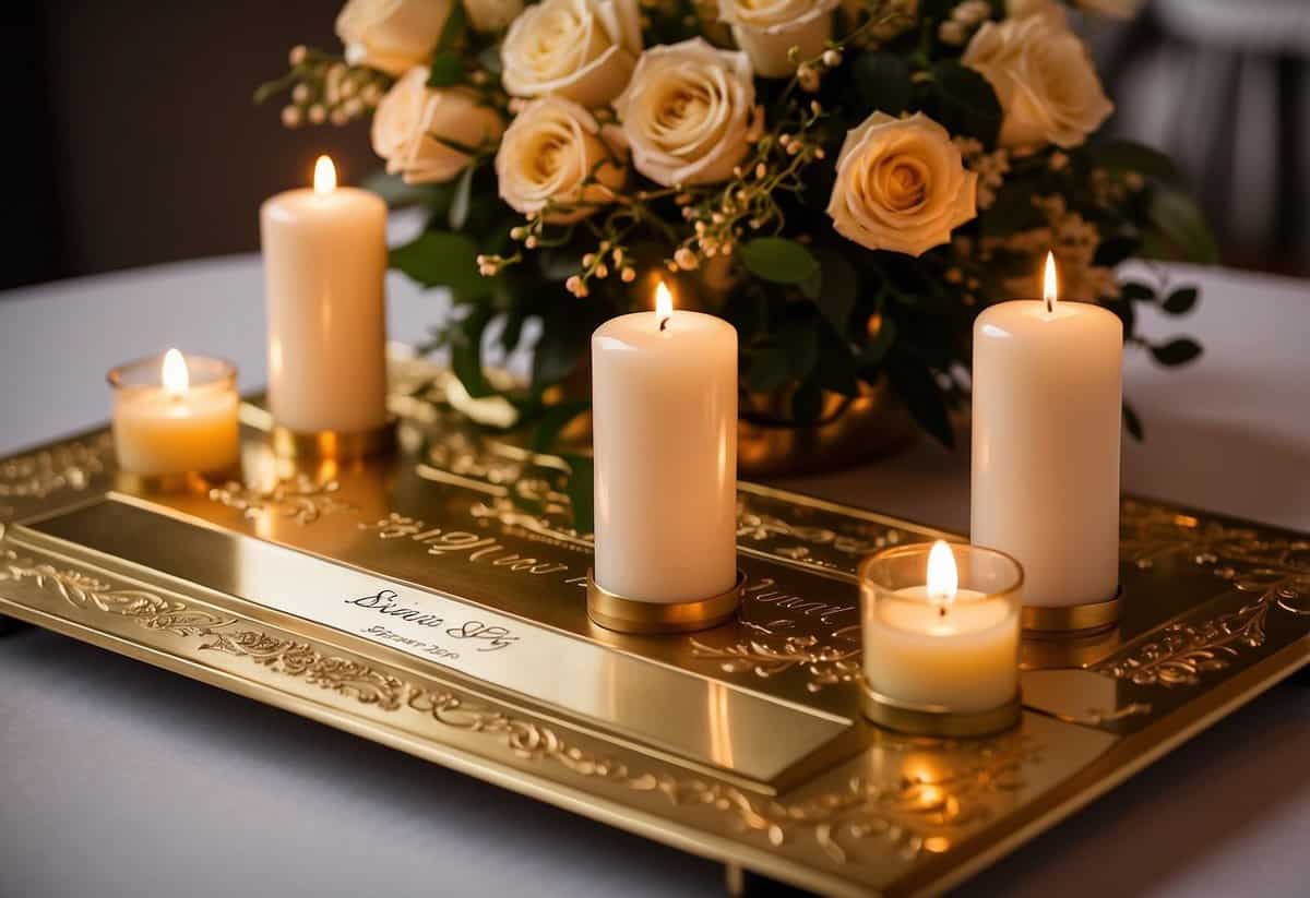 A couple's names engraved on a golden anniversary plaque, surrounded by romantic candles and a bouquet of fresh flowers