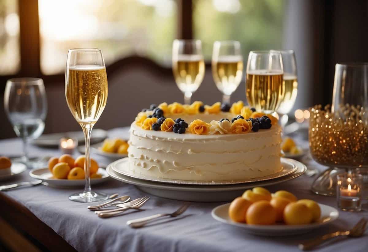 A festive table with colorful decorations, champagne glasses, and a beautiful cake. Laughter and smiles fill the room as family and friends gather to celebrate a wedding anniversary