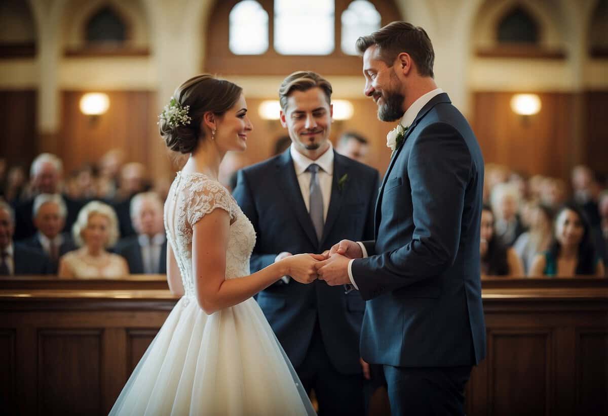 A bride and groom exchanging rings at a simple, elegant ceremony in a city hall or courthouse setting