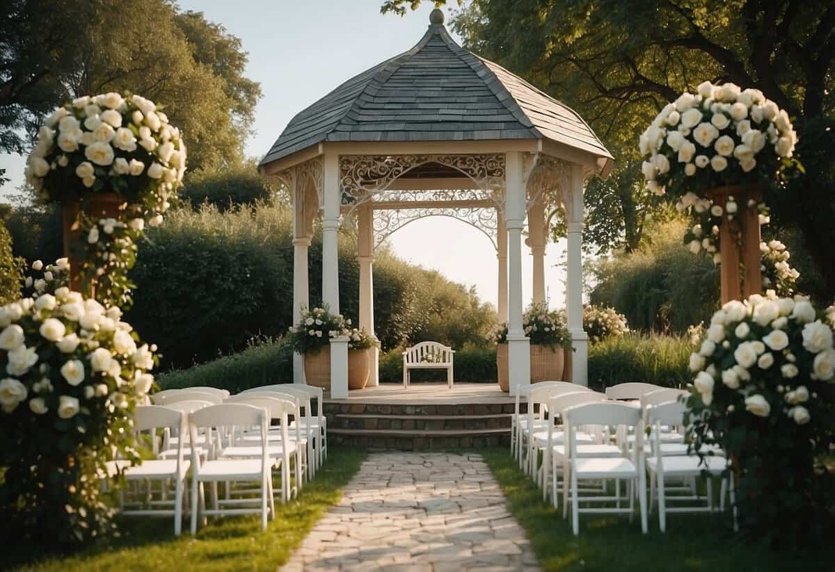 A charming garden gazebo with white chairs, floral decorations, and a beautiful arch for a civil wedding ceremony