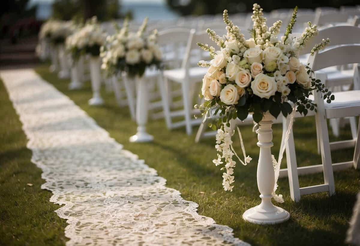The aisle is adorned with elegant floral arrangements and delicate lace ribbons, creating a romantic and sophisticated atmosphere for a civil wedding ceremony