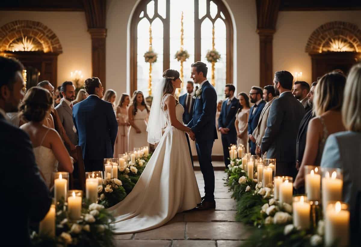 A bride and groom stand at the altar, exchanging vows as guests look on. The room is decorated with flowers and candles, creating a romantic atmosphere