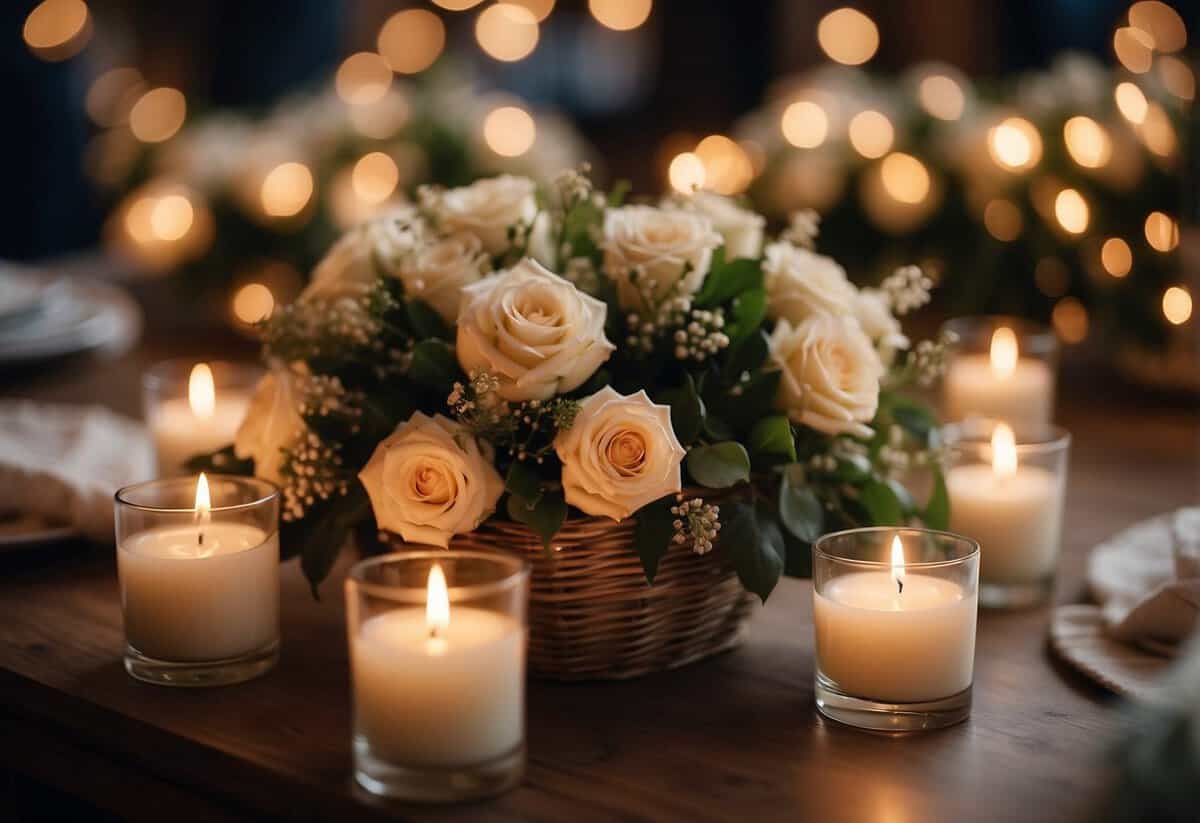 A softly lit civil wedding ceremony with candles and twinkling fairy lights, creating a warm and romantic atmosphere