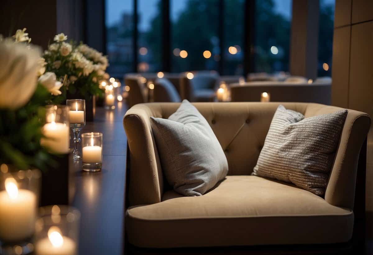 A small, intimate seating area with soft cushions and warm lighting, perfect for a civil wedding ceremony