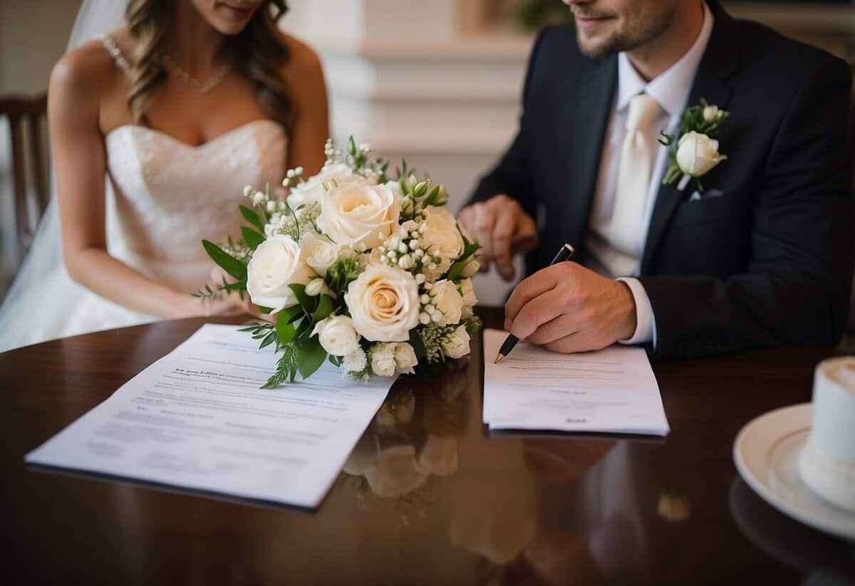 A groom and bride signing legal documents at a civil wedding ceremony. A table with a pen, papers, and a bouquet of flowers