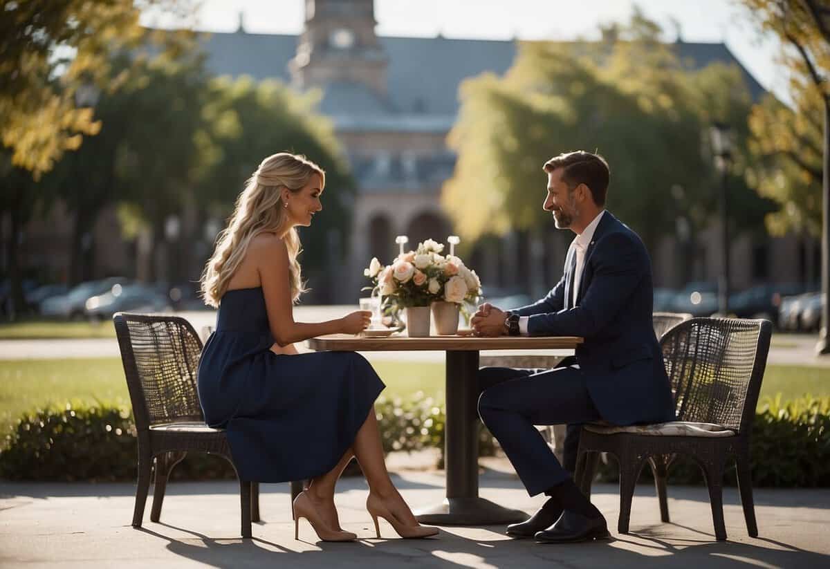 A couple sits at a small table, discussing wedding plans. A city hall or courthouse setting with simple decor and a relaxed atmosphere
